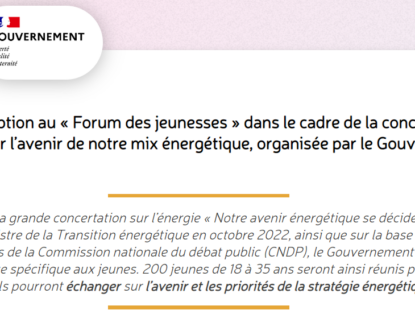 [URGENT] Appel à candidatures Jeunes / Concertation sur la stratégie énergétique française du 19 au 22 janvier 2023